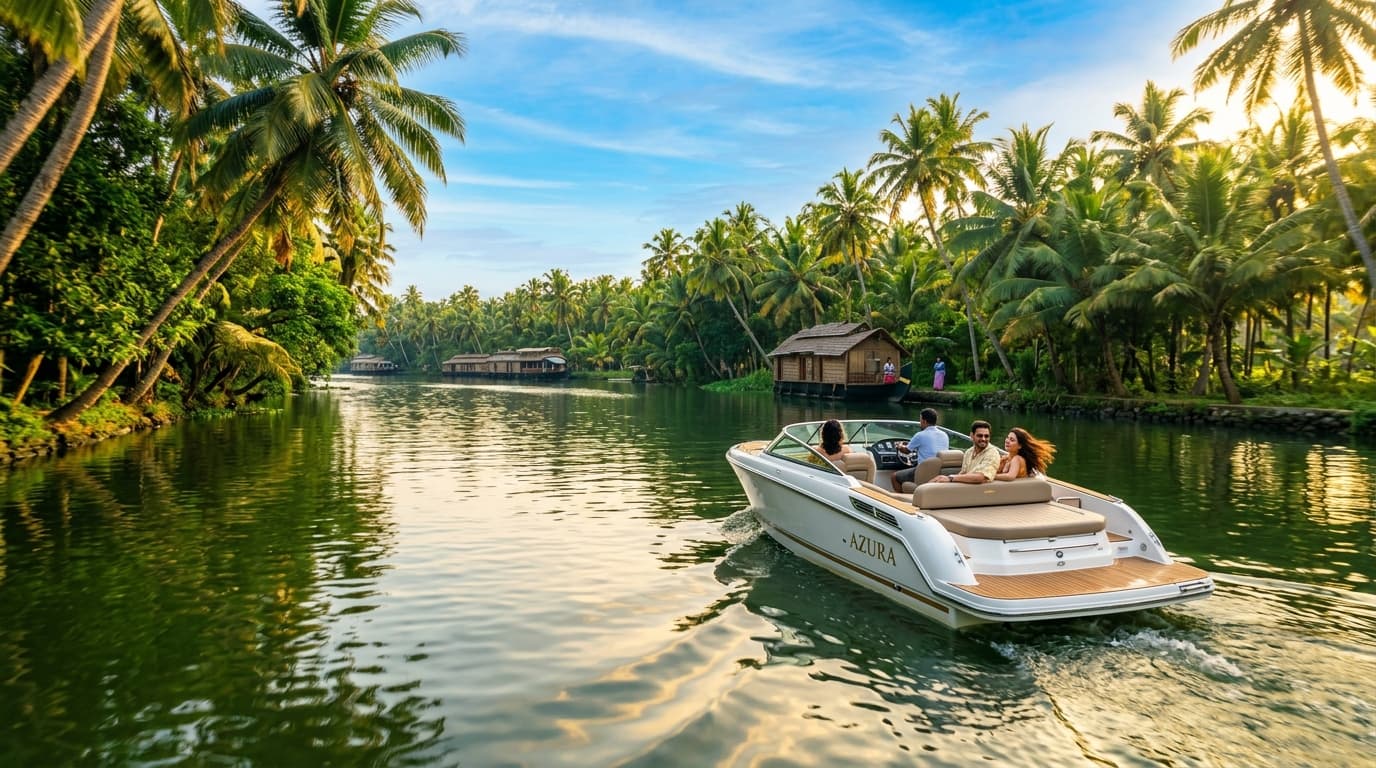 Private speed boat gliding along Alleppey backwaters on a 1-day Kerala itinerary