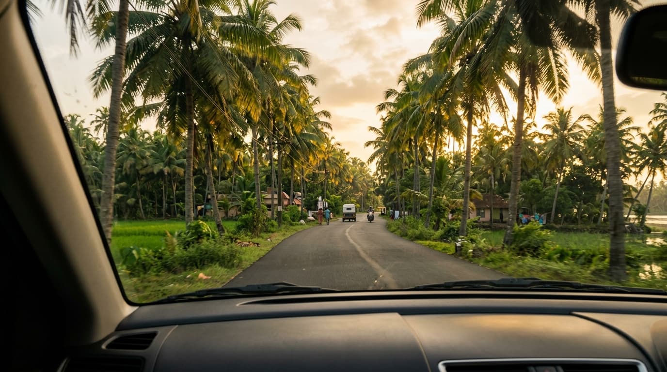 Scenic Kerala road through coconut palms — driving from Kochi to Alleppey backwaters