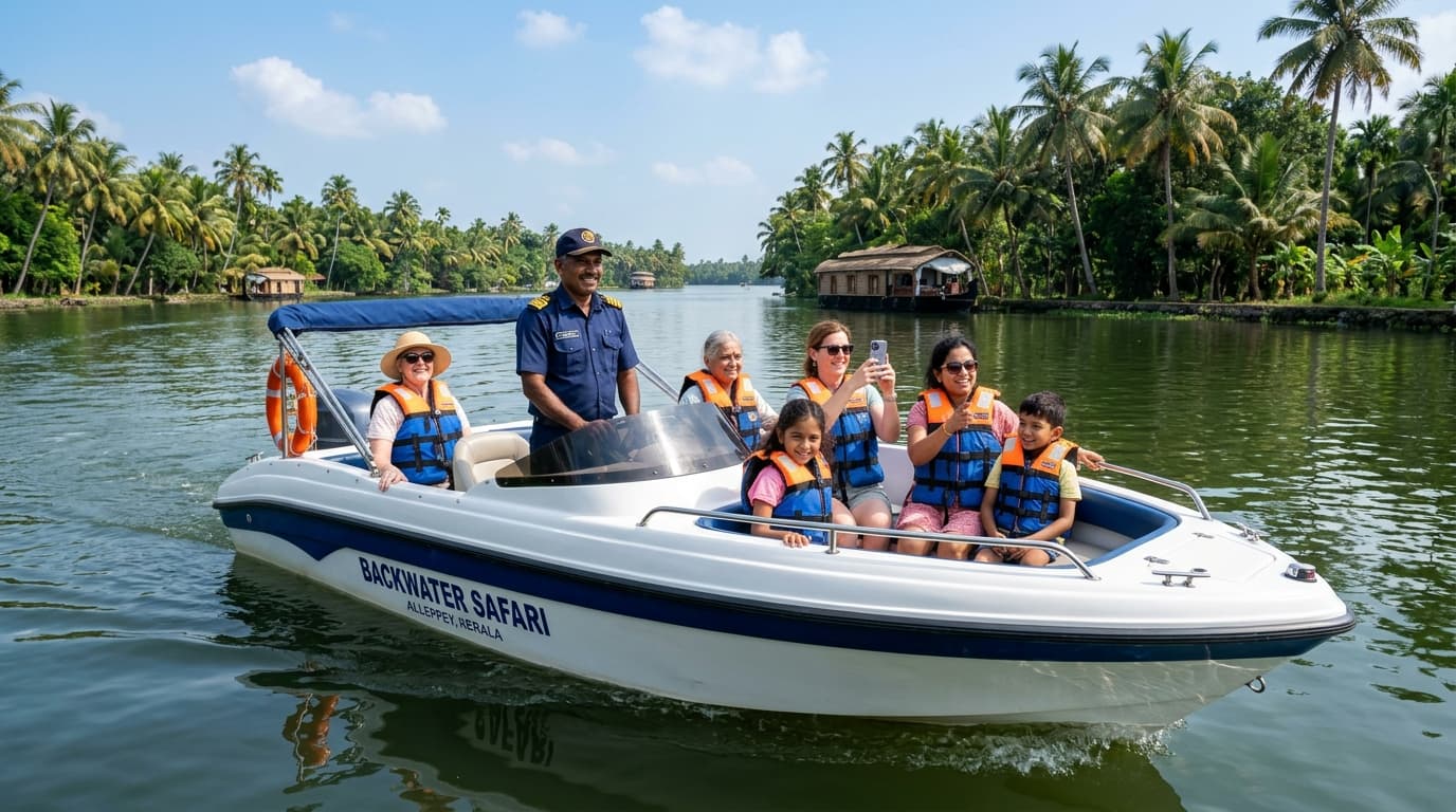 Safe private speed boat cruise with certified life jackets on Alleppey backwaters