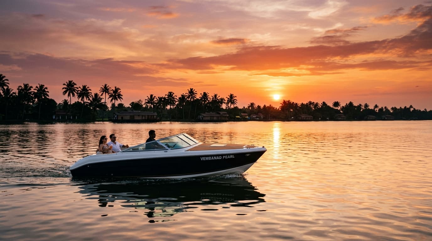 Evening speed boat cruise gliding across Vembanad Lake during golden hour sunset in Alleppey Kerala