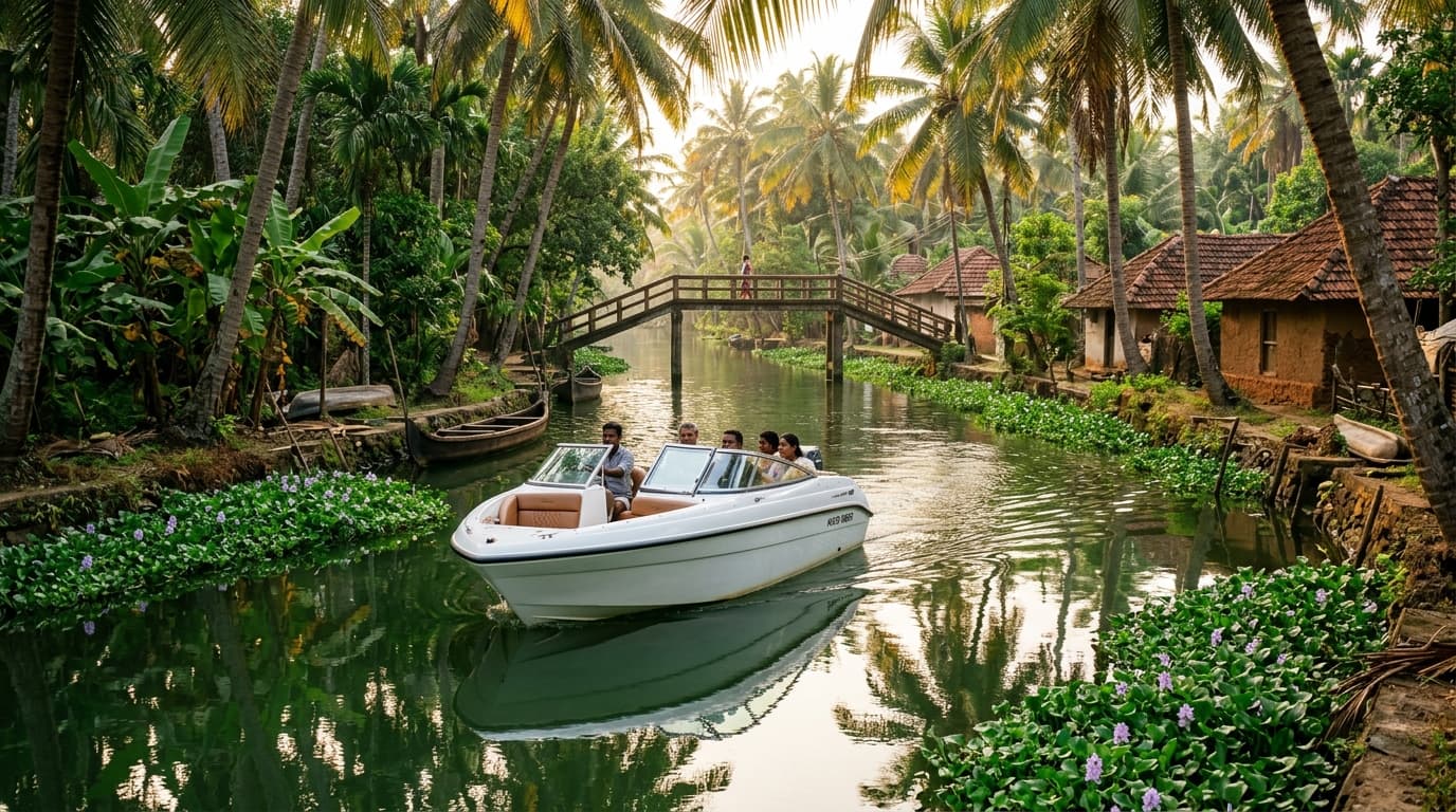 Private speed boat cruising along a tranquil narrow canal lined with coconut palms in Kainakary village, Alleppey